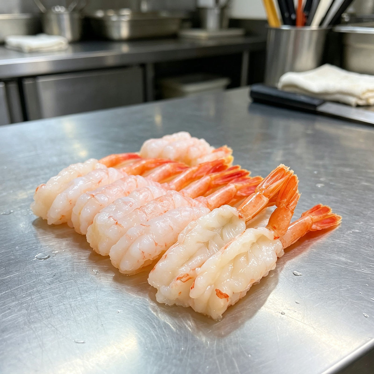 Peeled shrimp with tails on a steel tray