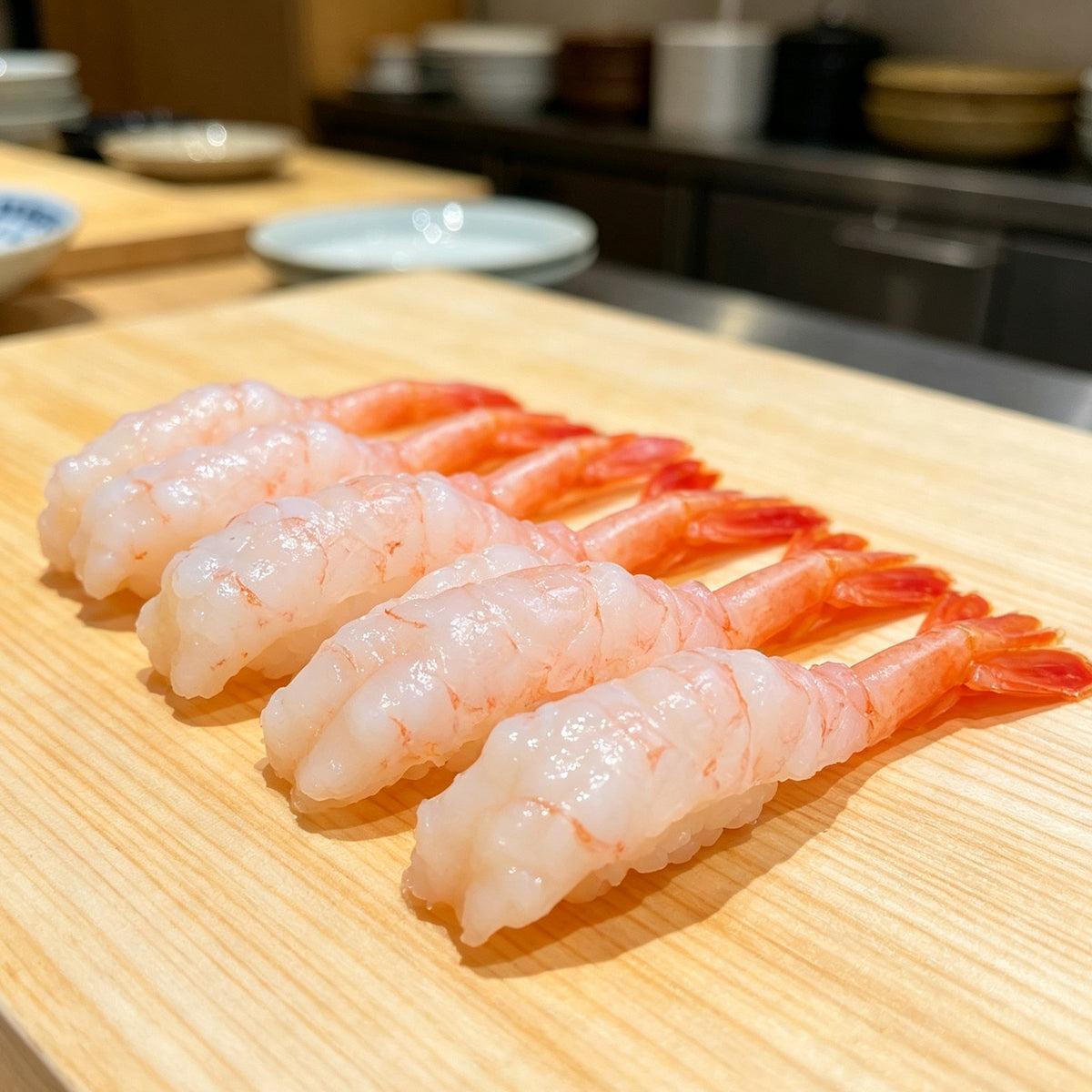 Peeled shrimp arranged on a wooden board