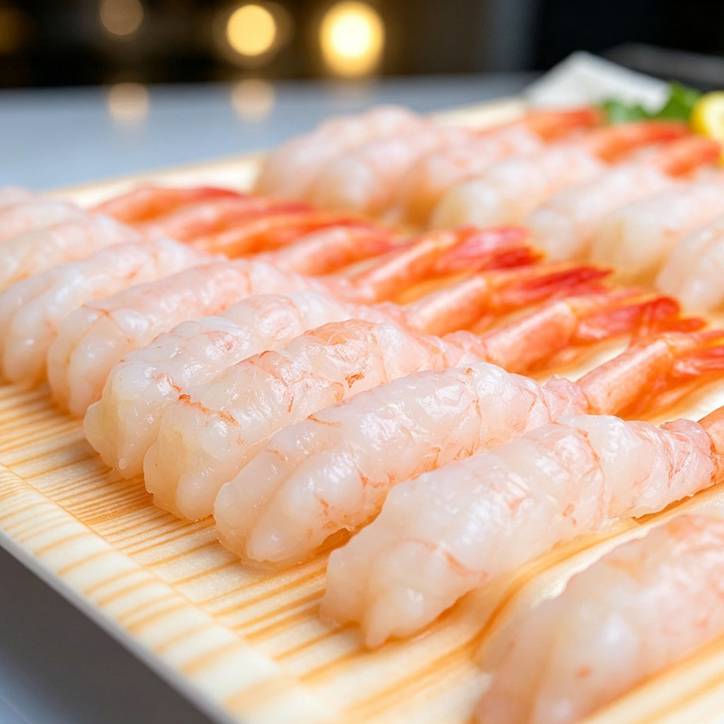 Peeled shrimp laid out on a wooden cutting board