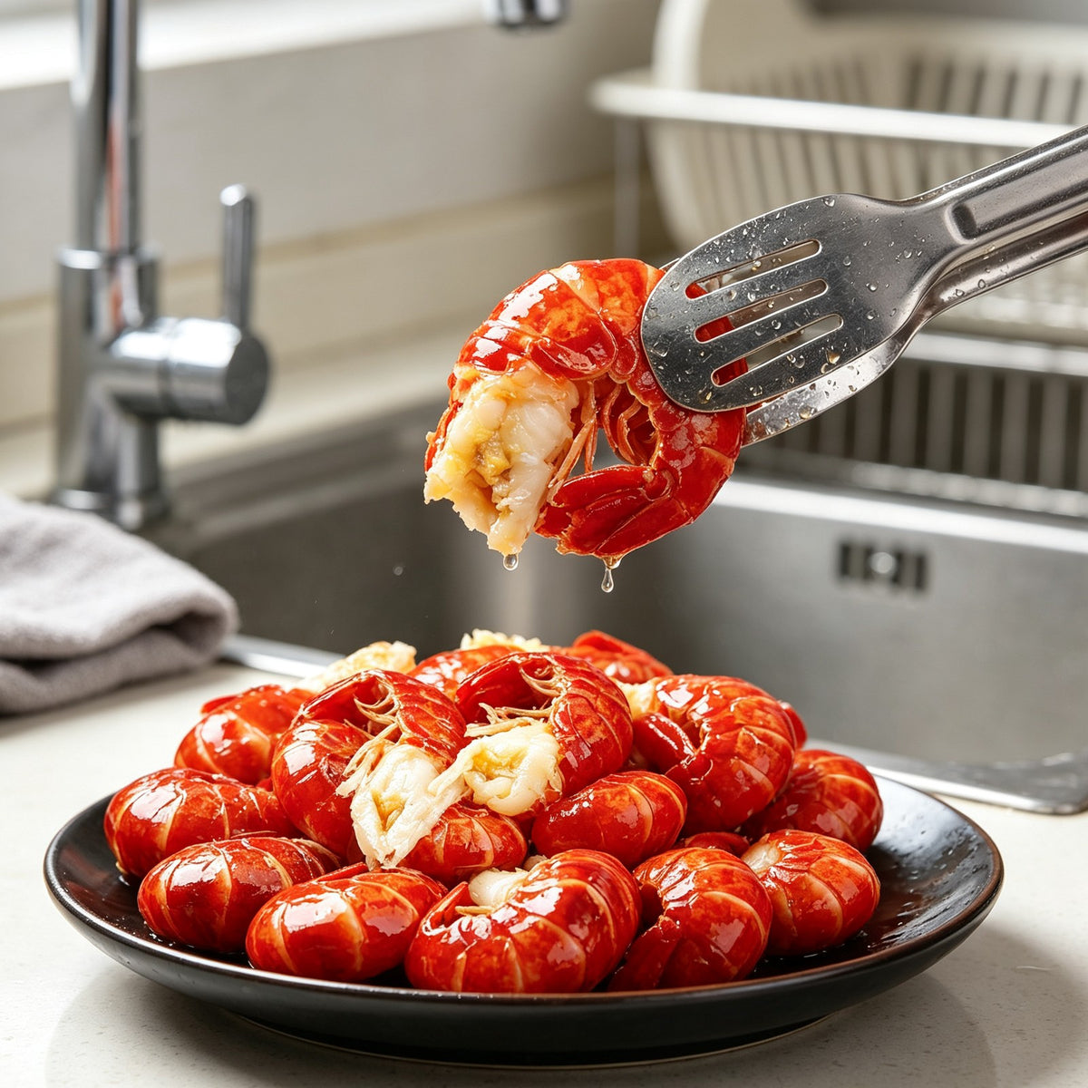 Crawfish lifted from a plate with a fork
