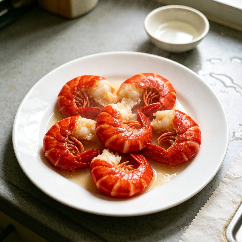 Cooked crawfish arranged on a white plate