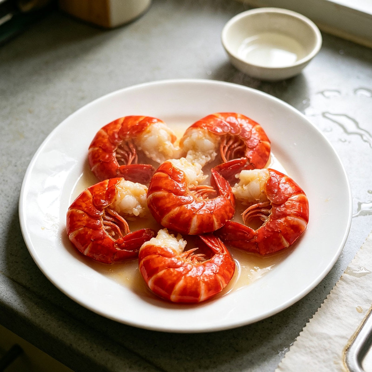 Cooked crawfish arranged on a white plate