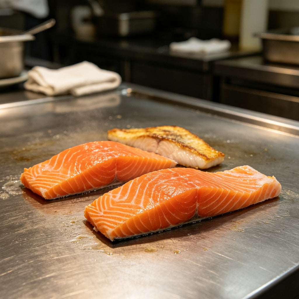 Salmon fillets on a steel preparation tray