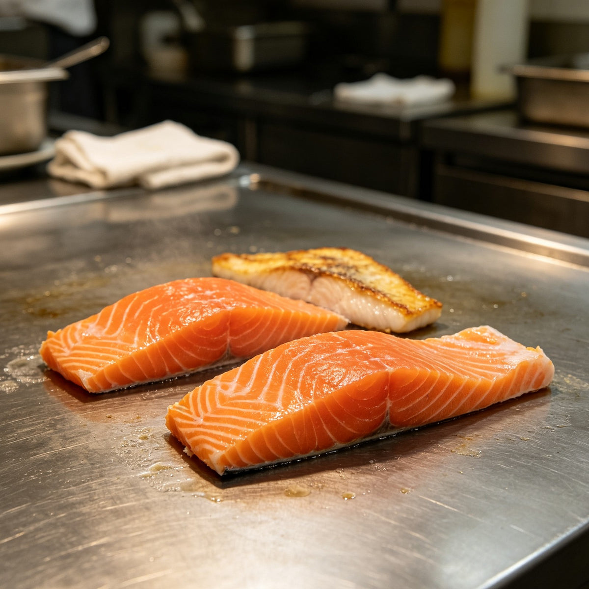 Salmon fillets on a steel preparation tray