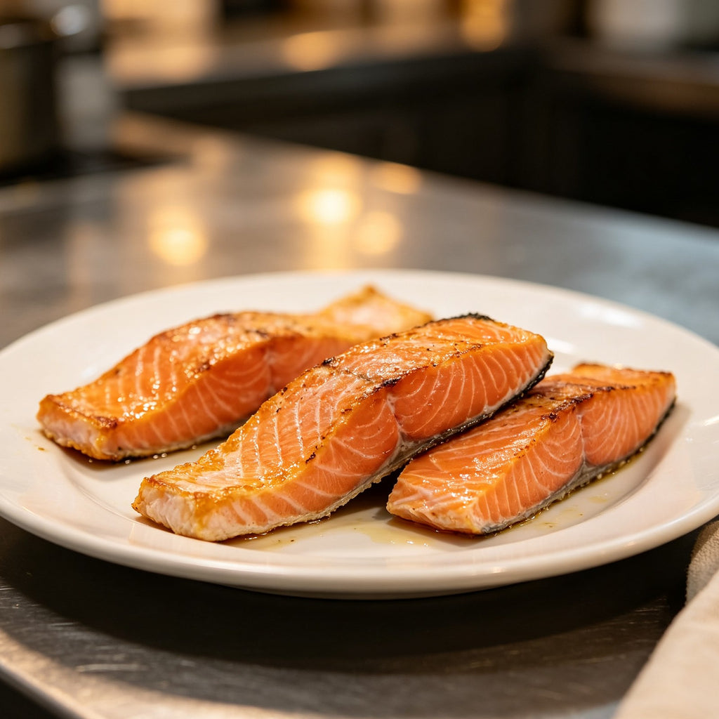 Salmon fillets arranged on a white plate