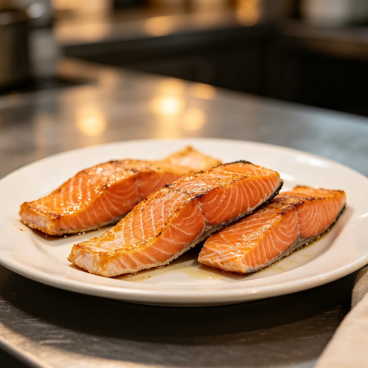 Salmon fillets arranged on a white plate