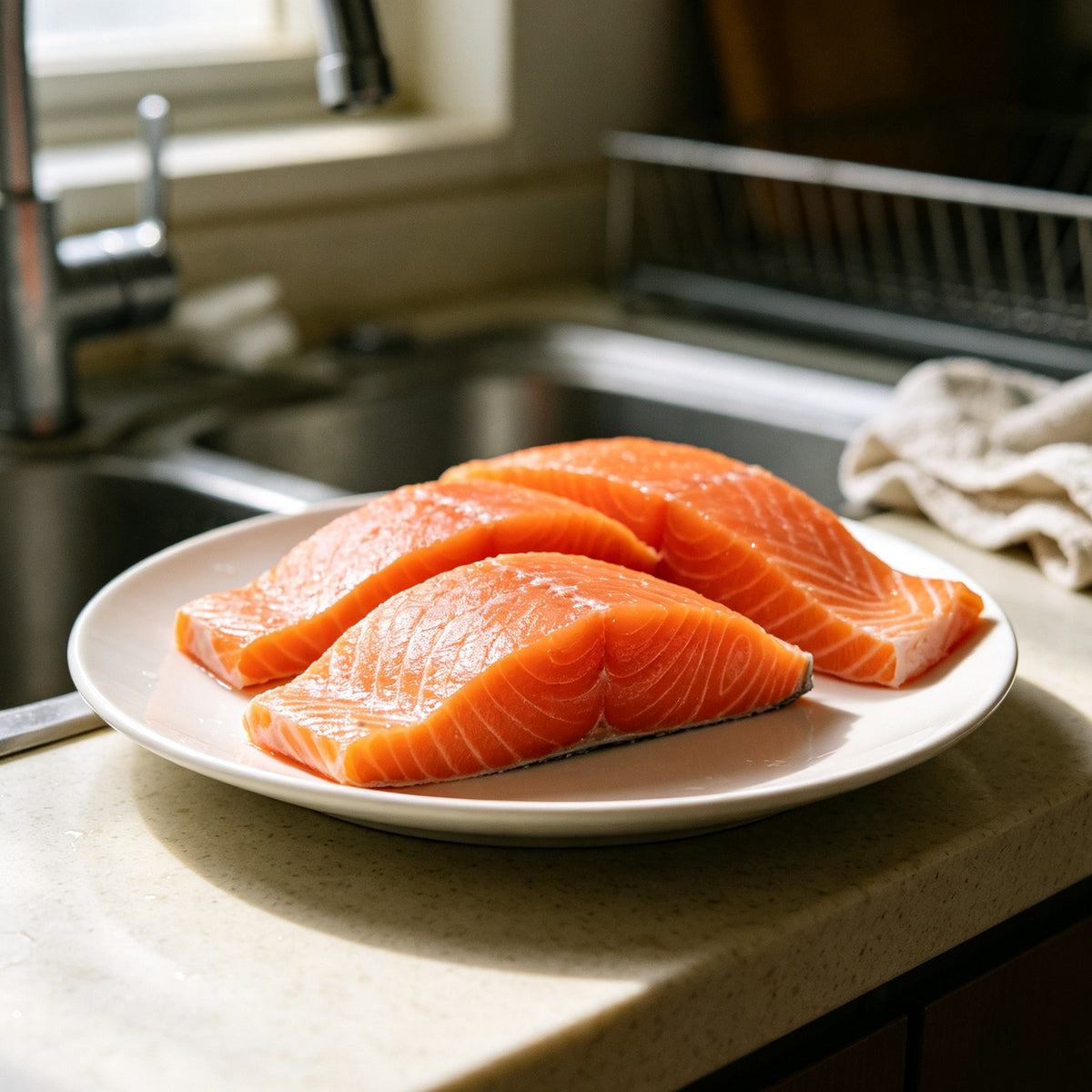 Salmon fillets on a plate beside a kitchen sink