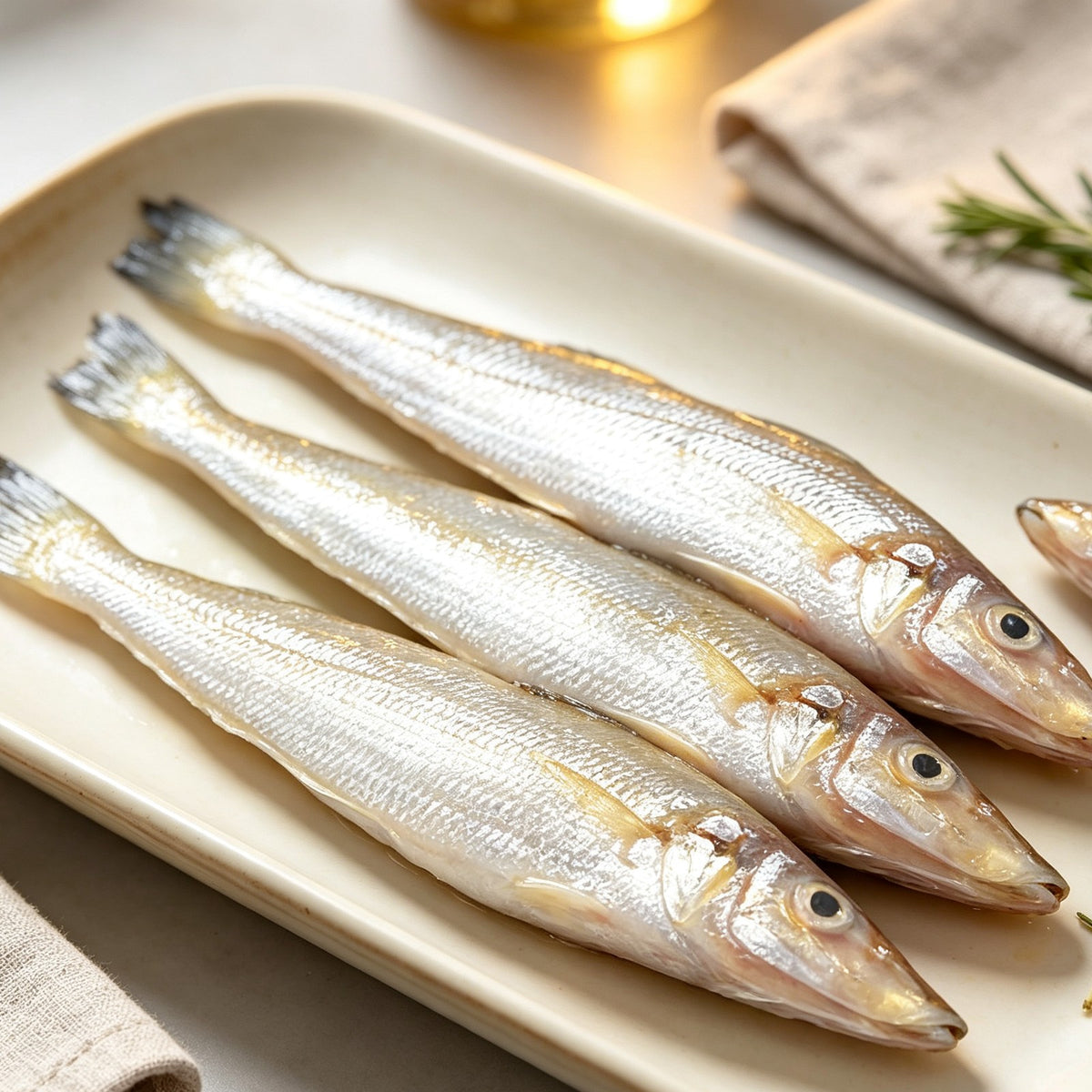 Whole silver sardines laid out on a baking tray