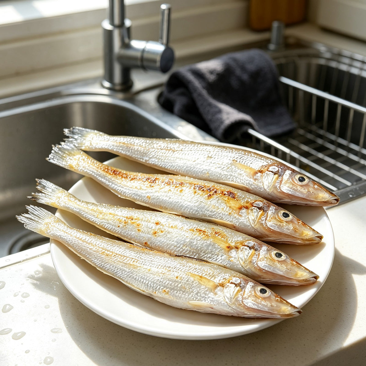 Whole sardines in a colander beside a kitchen sink