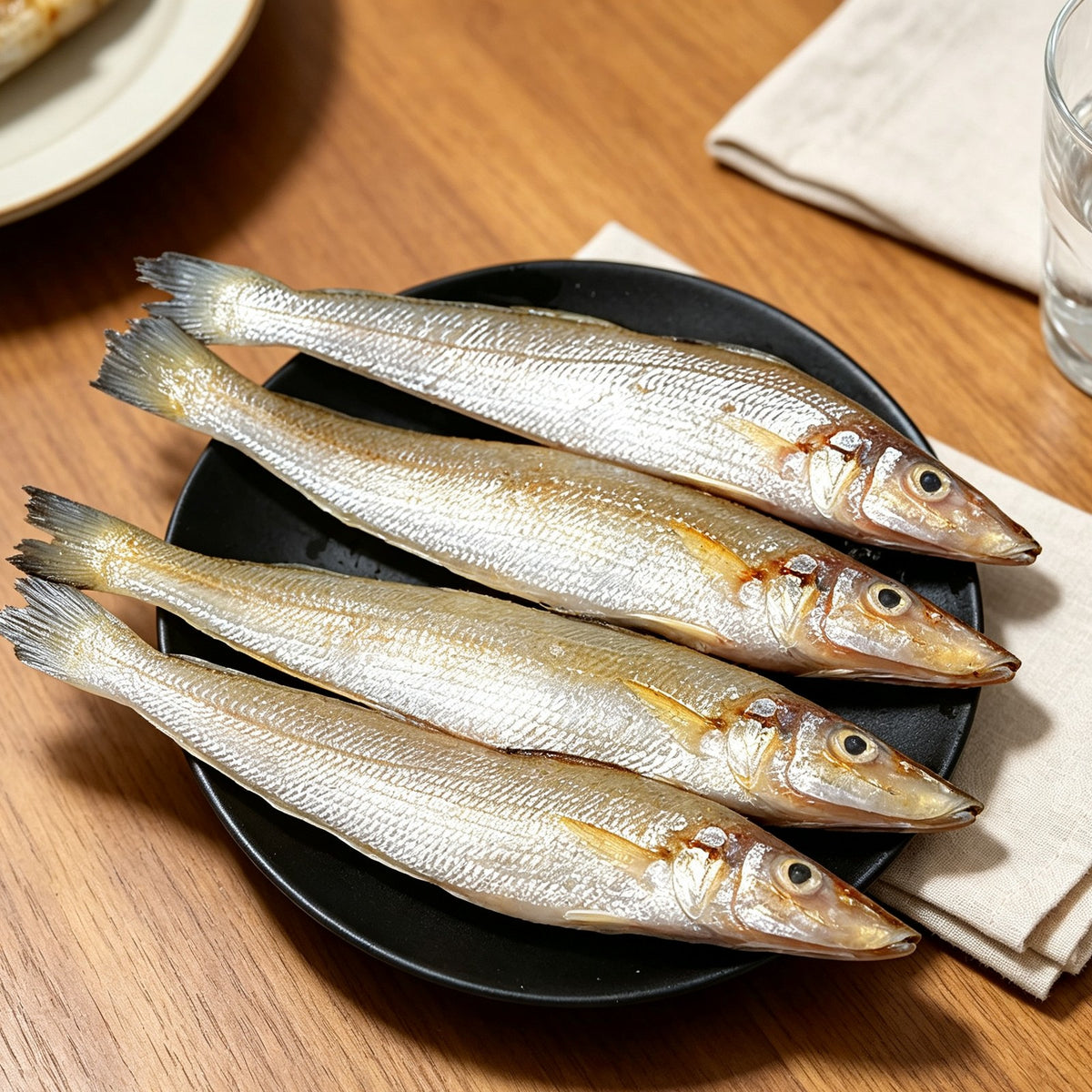 Whole sardines arranged on a dark serving plate