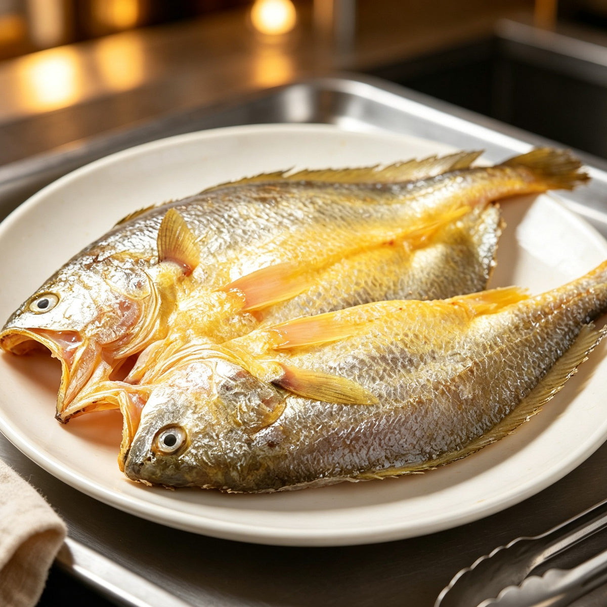 Whole golden yellow croaker on a white plate