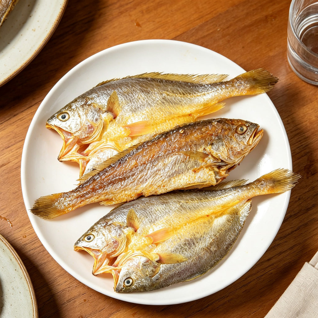 Two yellow croaker arranged on a white plate