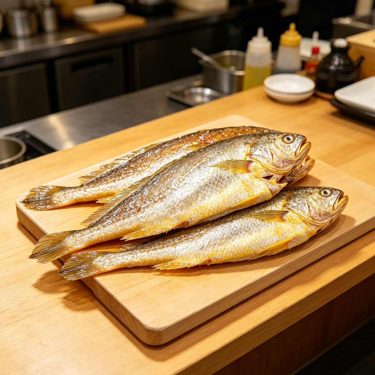 Yellow croaker resting on a wooden board