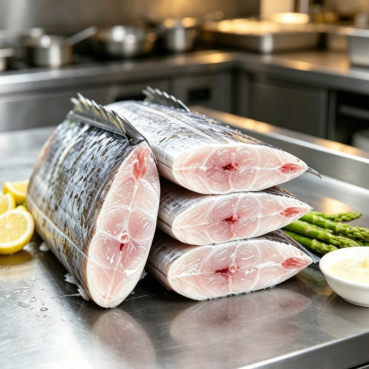 Ribbonfish segments on a steel tray with lemon