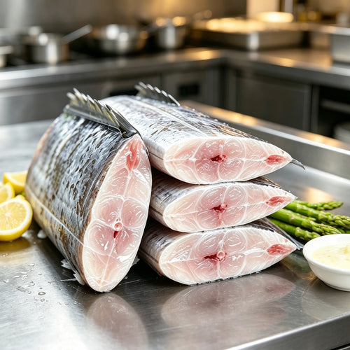 Ribbonfish segments on a steel tray with lemon