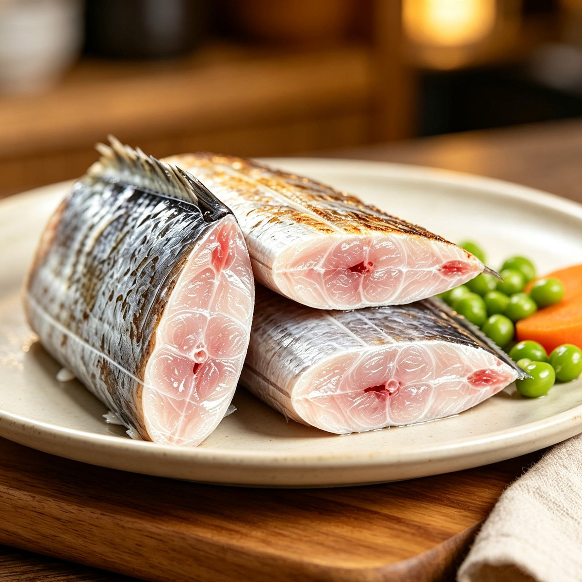 Ribbonfish segments plated with vegetables