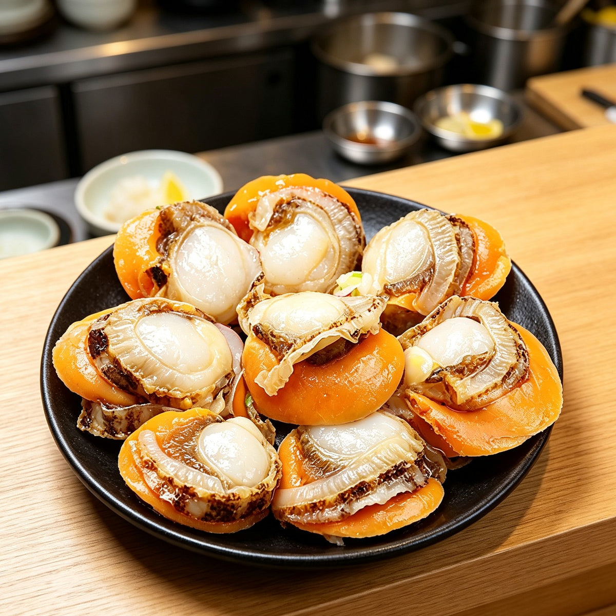 Scallops on the half shell arranged on a dark plate