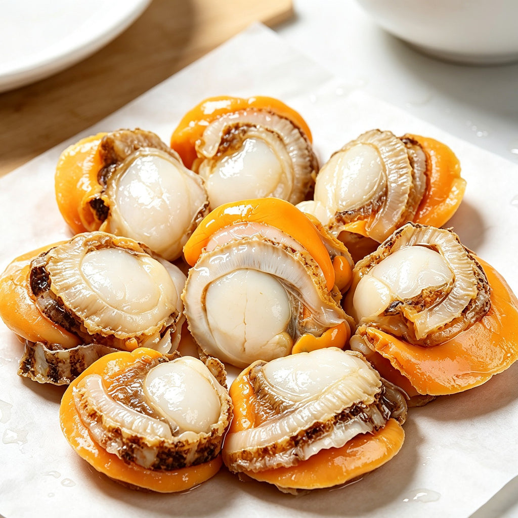 Scallops on the half shell on a marble surface